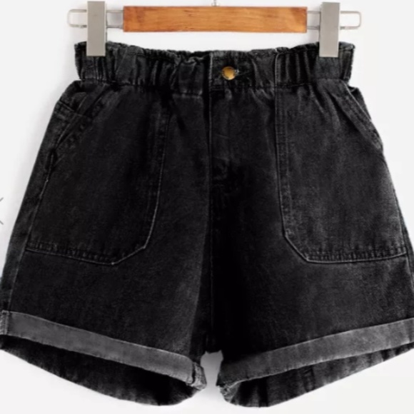 elastic waist rolled hem denim shorts